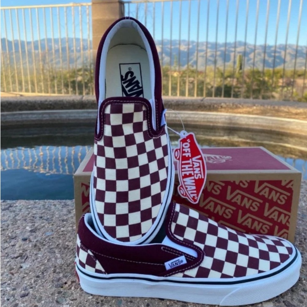 NWT in box Vans slip ons in Checkered board Port Royal Maroon and White.